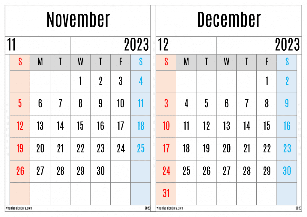 Free November December 2023 Calendar Printable Two Month On A Separate Page