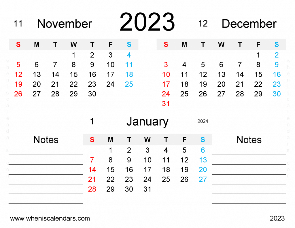 Free November December 2023 January 2024 Calendar Printable Quarterly Calendar PDF in Landscape