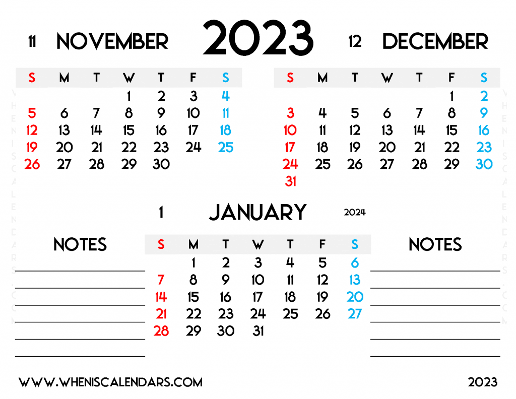 Free November December 2023 January 2024 Calendar Printable Quarterly Calendar PDF in Landscape