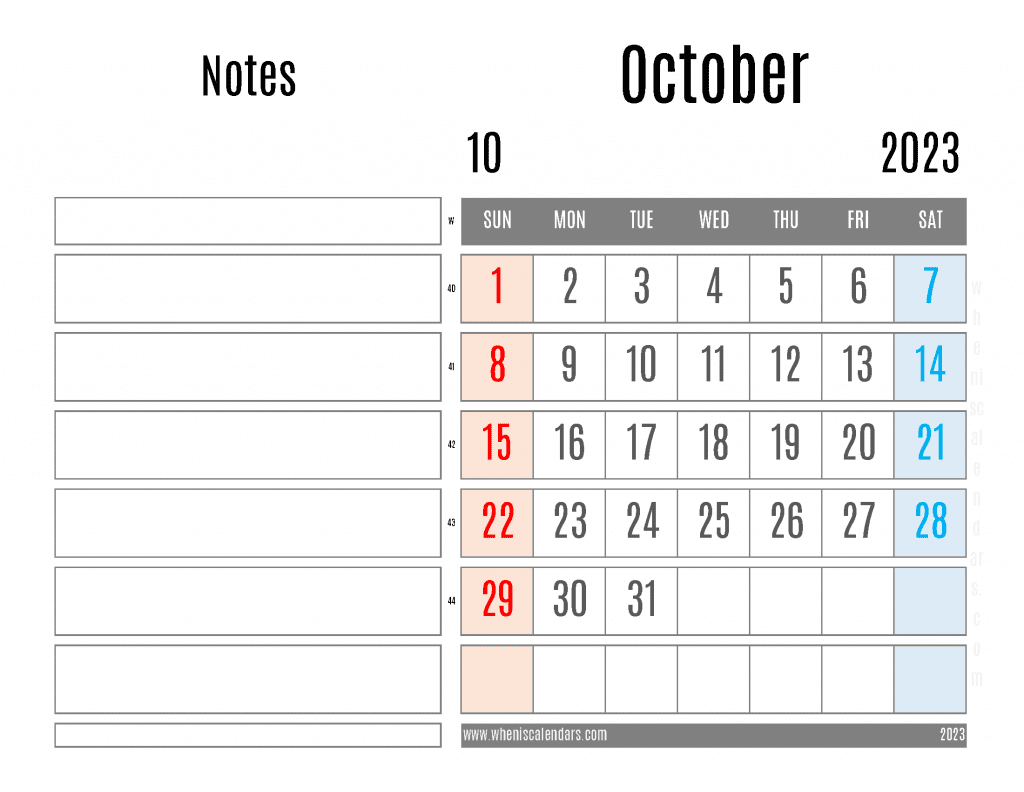 Free Blank October 2023 Calendar Printable Monthly Calendar with Notes PDF in Landscape