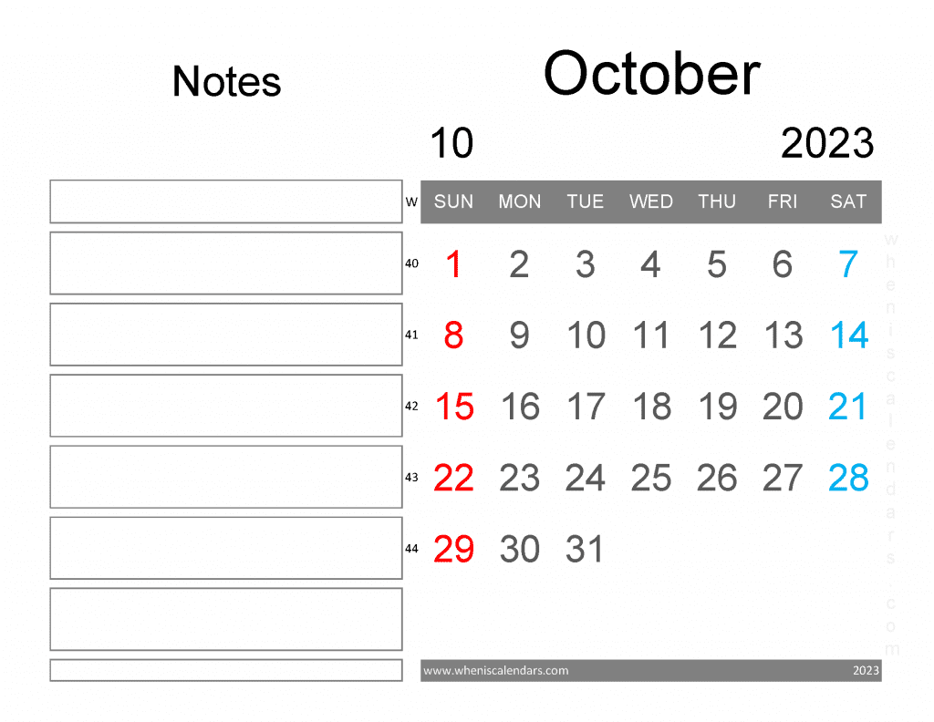 Free Blank October 2023 Calendar Printable Monthly Calendar with Notes PDF in Landscape