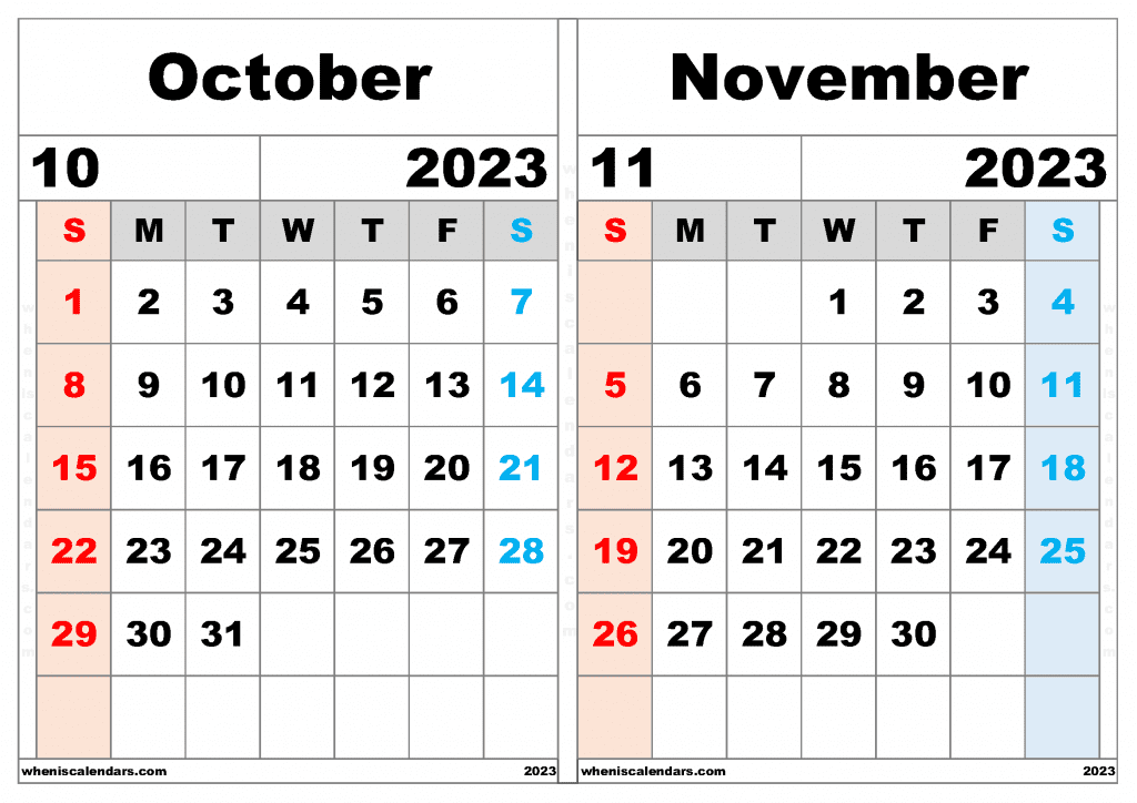 Free October November 2023 Calendar Printable Two Month On A Separate Page