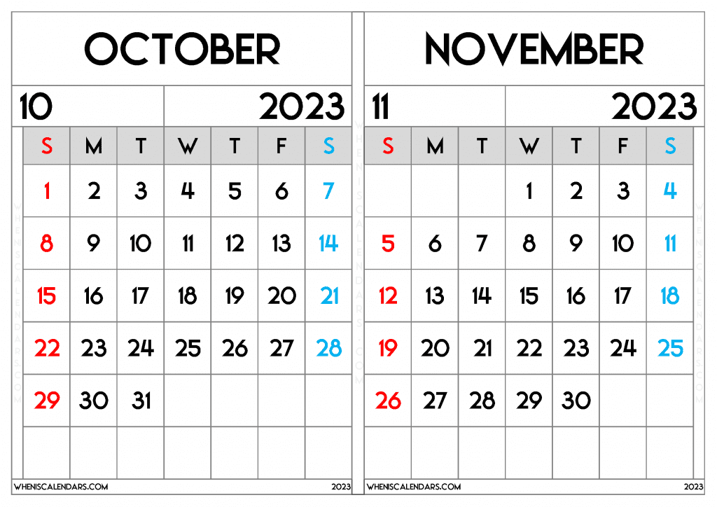 Free October November 2023 Calendar Printable Two Month On A Separate Page