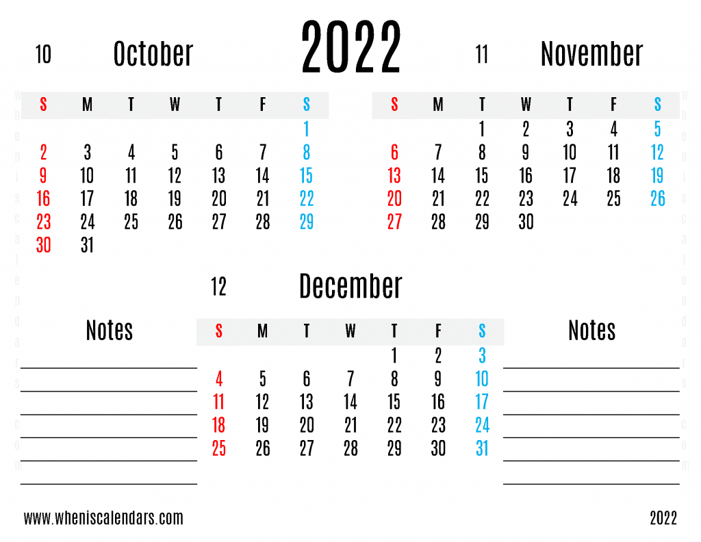 Download Free October November December 2022 Calendar Printable PDF in Landscape Quarterly Three Month Calendar 2023