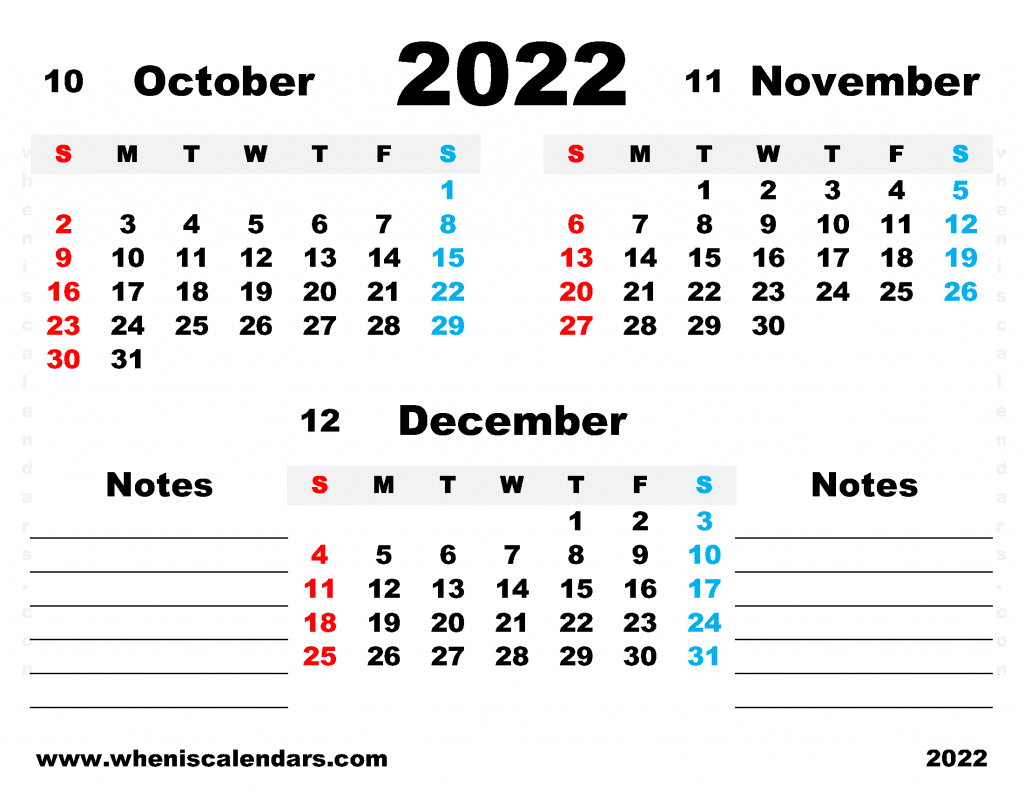Free October November December 2022 Calendar Printable PDF in Landscape Quarterly Three Month Calendar 2023