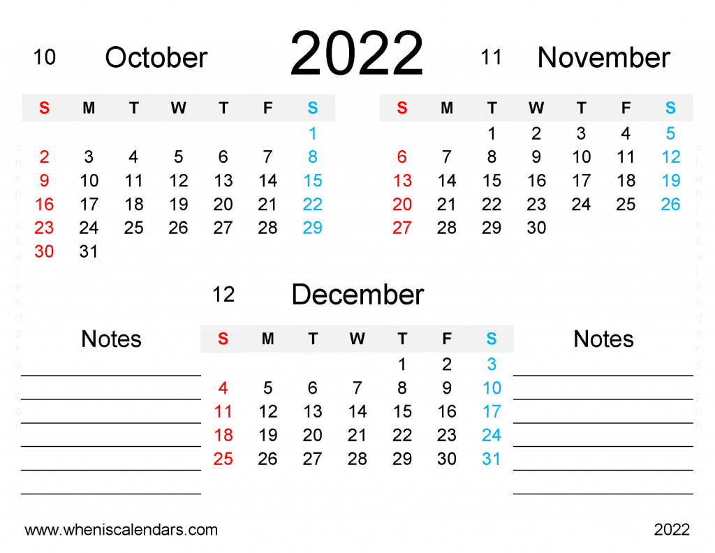 Download Free October November December 2022 Calendar Printable PDF in Landscape Quarterly Three Month Calendar 2023