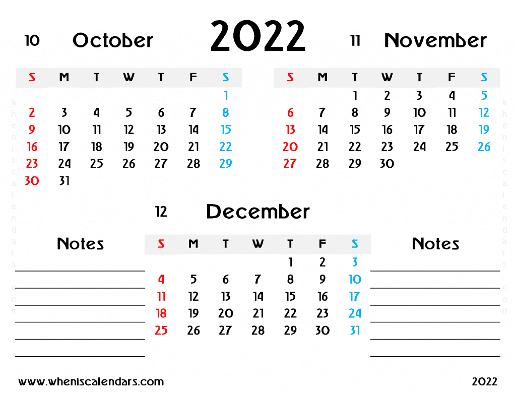 Downloadable Free October November December 2022 Calendar Printable PDF in Landscape Quarterly Three Month Calendar 2023