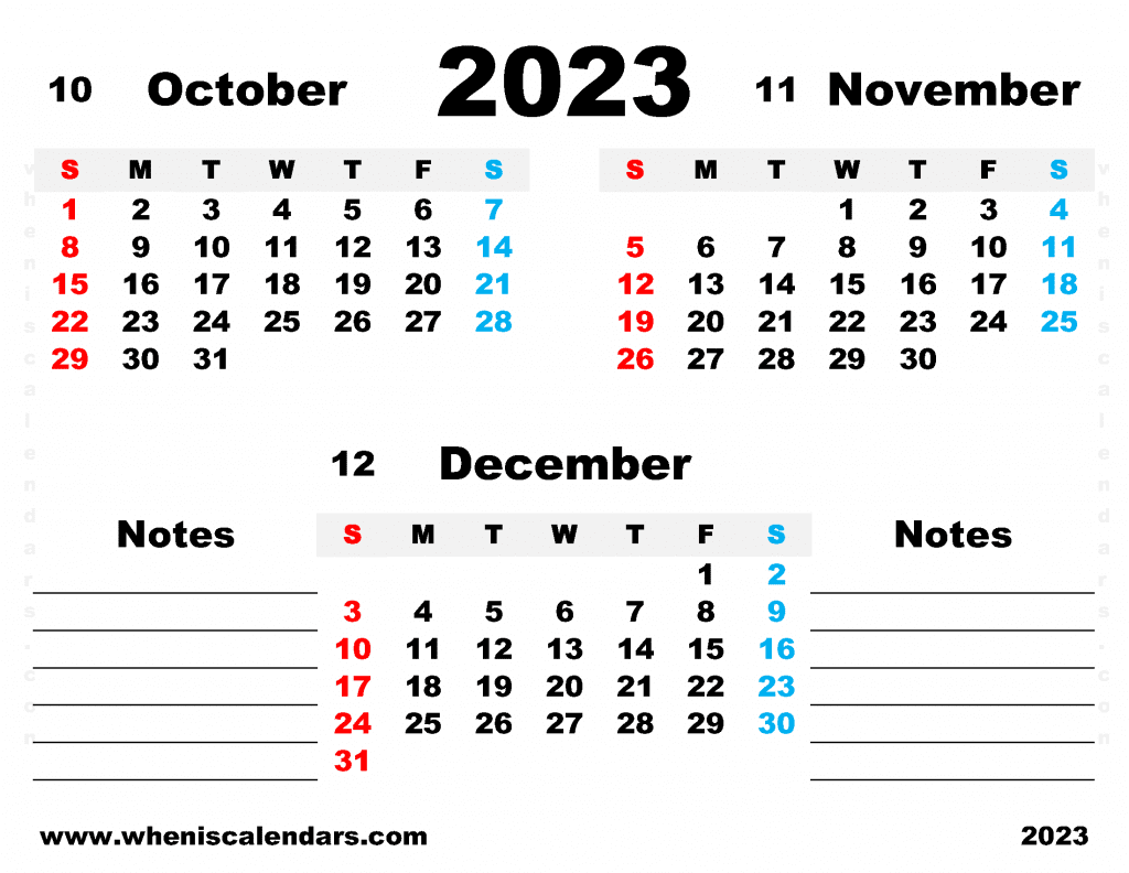 Free October November December 2023 quarterly calendar printable PDF in Landscape