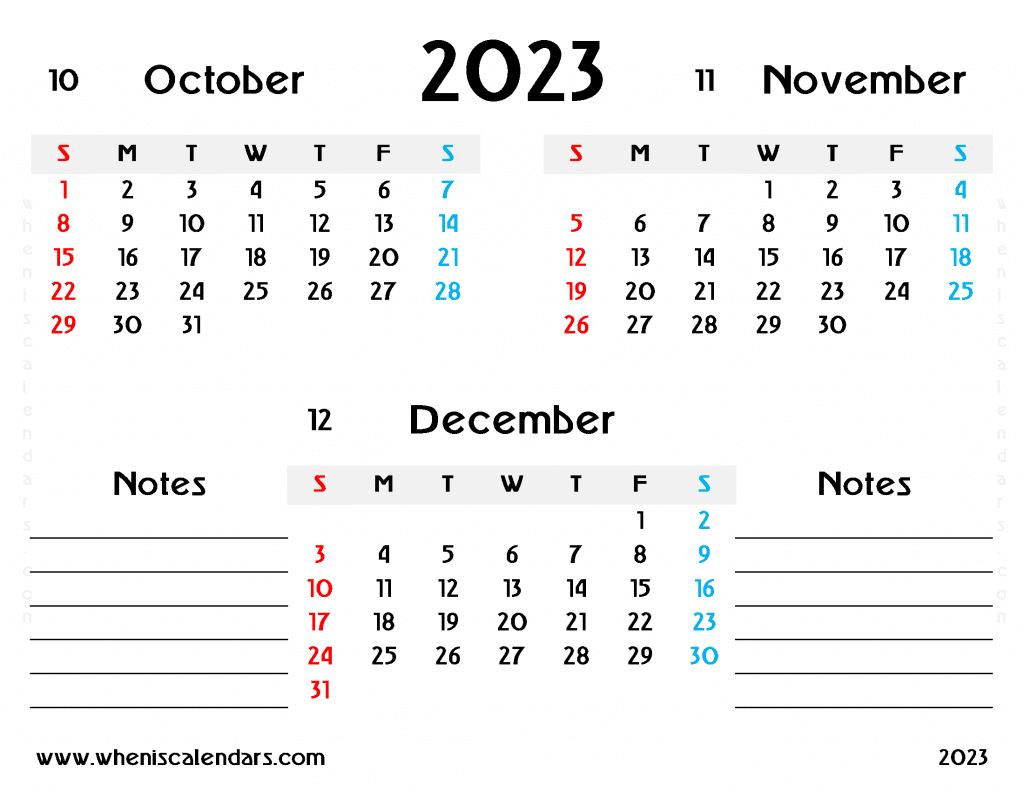 Free October November December 2023 Calendar Printable Quarterly Calendar PDF in Landscape