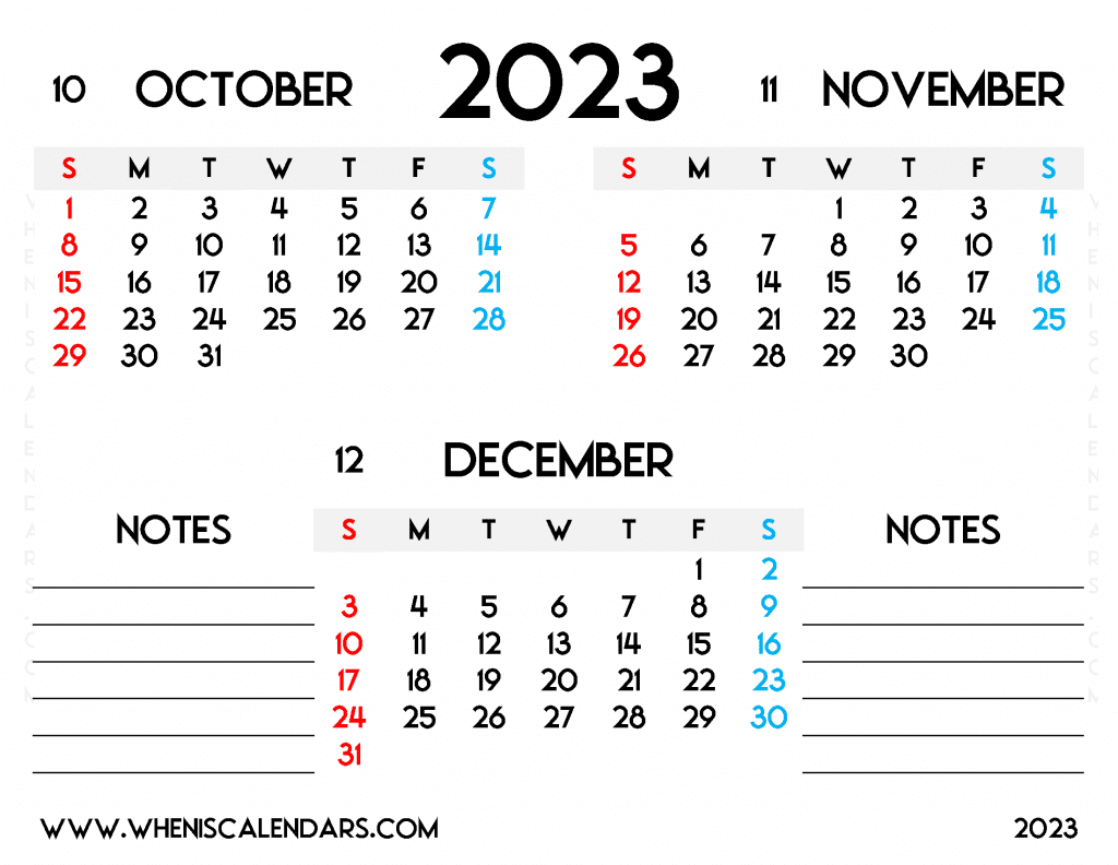 Free October November December 2023 Calendar Printable Quarterly Calendar PDF in Landscape