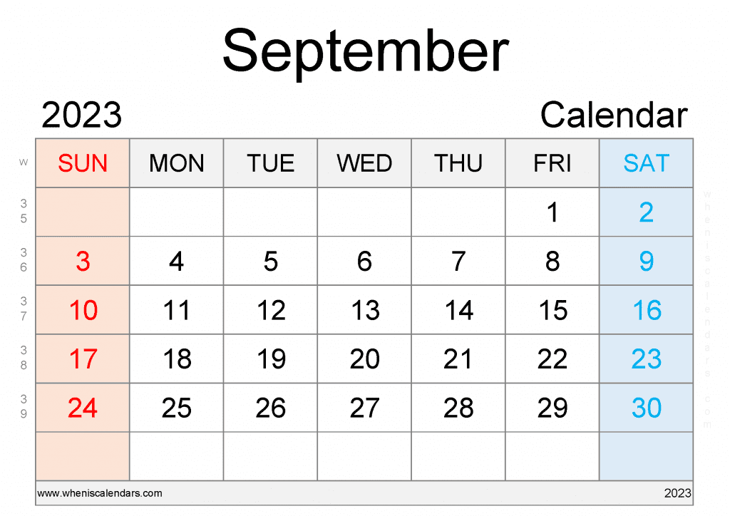 Free Printable September 2023 Calendar with Week Numbers Blank September 2023 Calendar PDF in Landscape