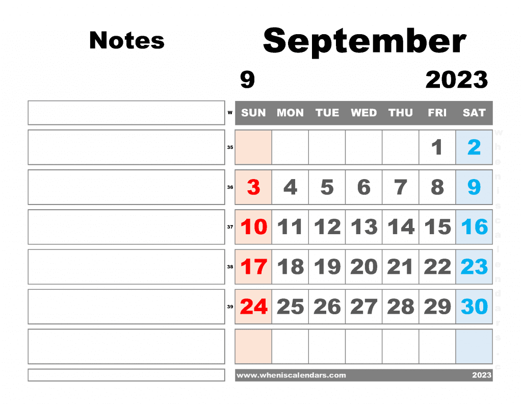 Free Blank September 2023 Calendar Printable Monthly Calendar with Notes PDF in Landscape