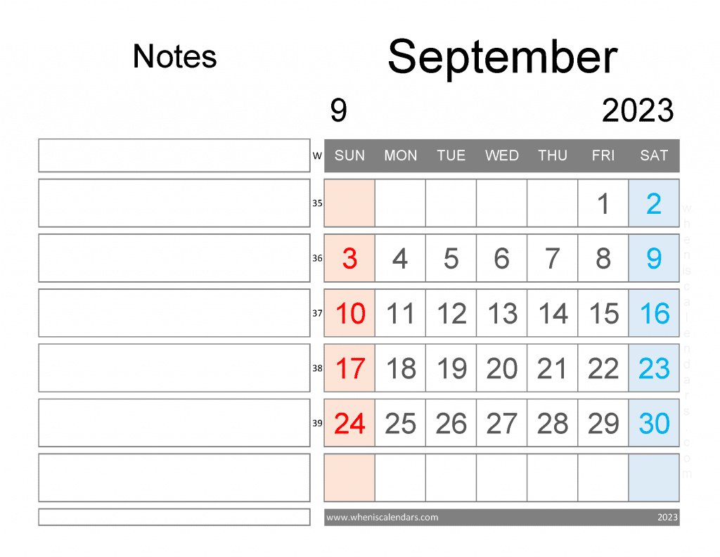 Free Blank September 2023 Calendar Printable Monthly Calendar with Notes PDF in Landscape