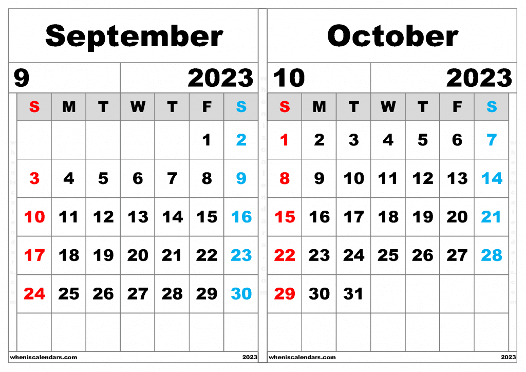 Free September and October 2023 Calendar Printable PDF in Landscape Two Month Calendar
