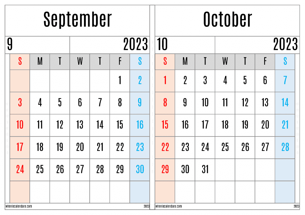 Free September and October 2023 Calendar Printable PDF in Landscape Two Month Calendar