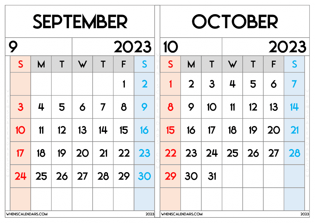 Free September October 2023 Calendar Printable PDF in Landscape Two Month Calendar