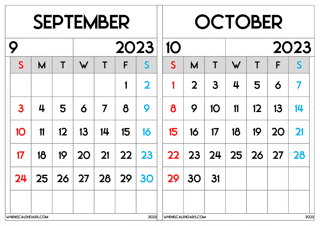 Free September October 2023 Calendar Printable PDF in Landscape Two Month Calendar
