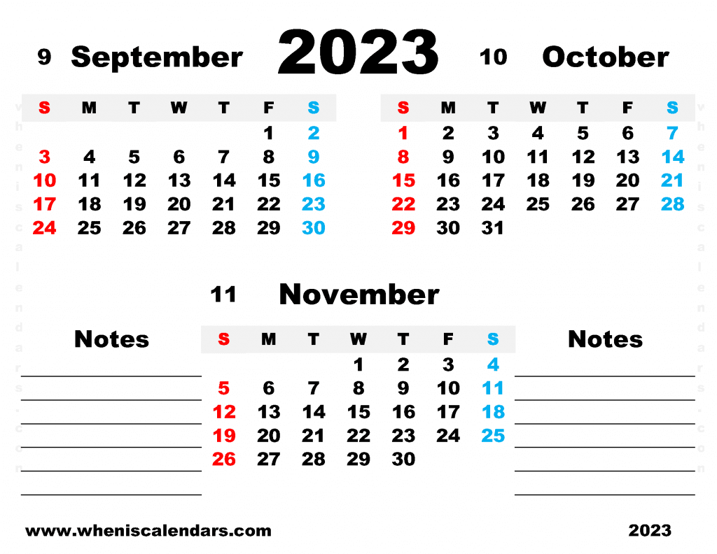 Free September October November 2023 Calendar Printable Quarterly Calendar PDF in Landscape