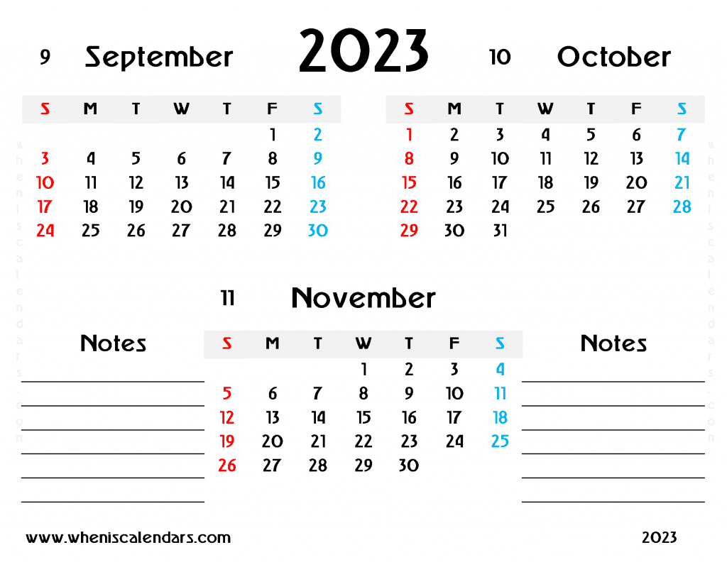 Free September October November 2023 Calendar Printable Quarterly Calendar PDF in Landscape