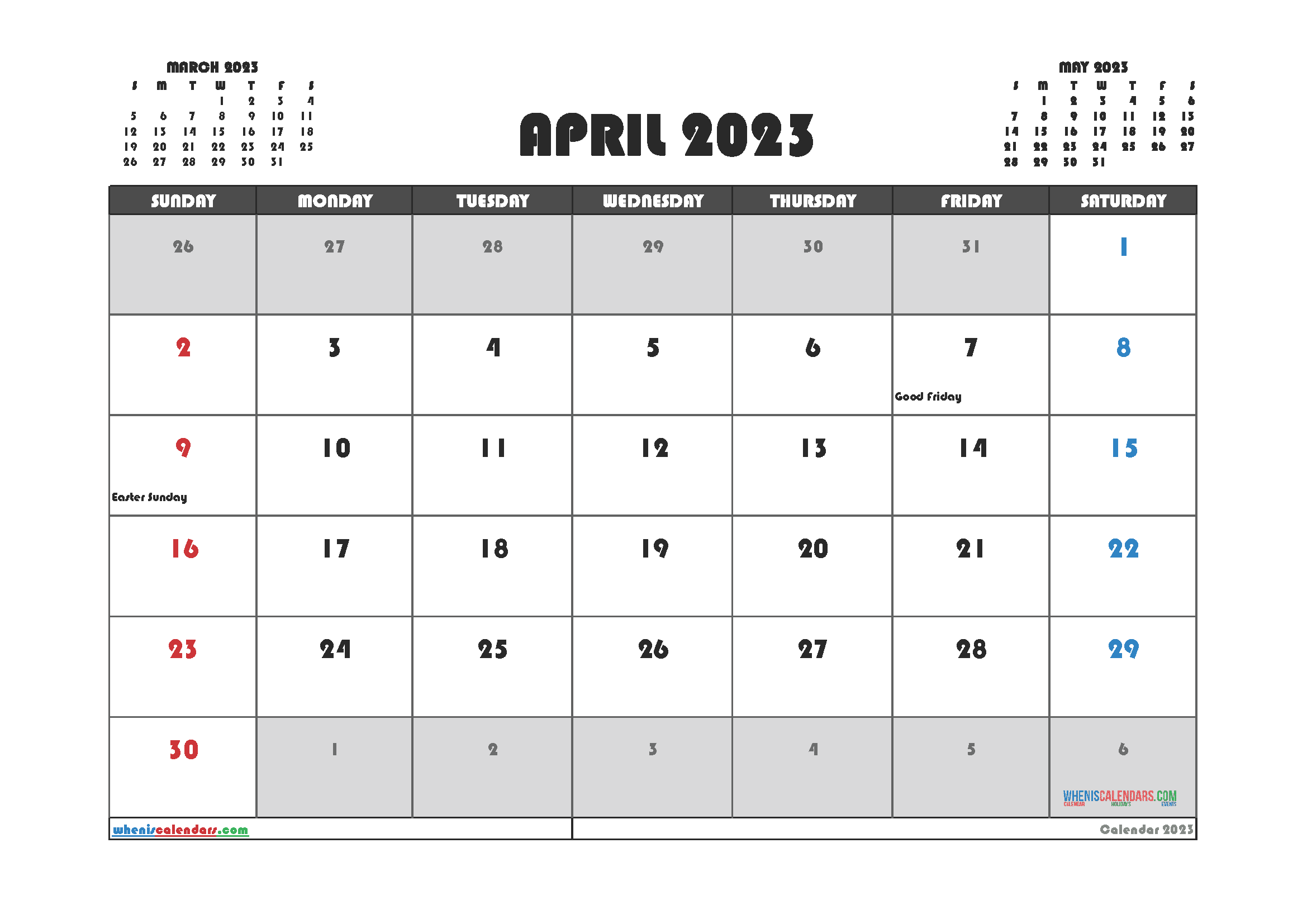 Free Calendar April 2023 with Holidays Printable PDF in Landscape (TMP: 423ha4hl13)