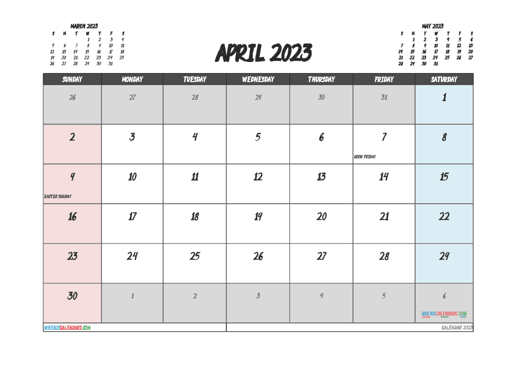 Download Free Printable April 2023 Calendar with Holidays Monthly Calendar on a separate page