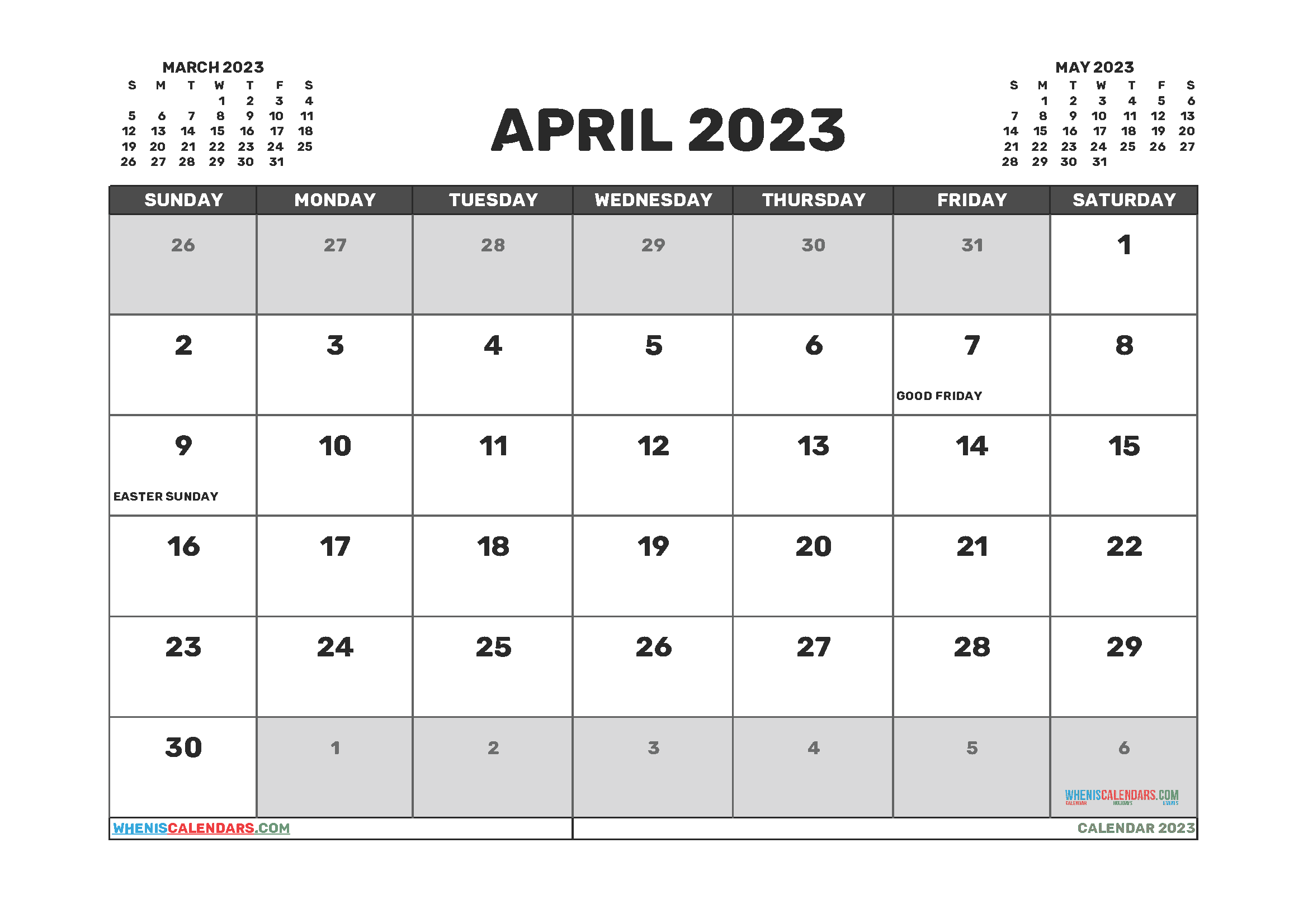 Free Printable April 2023 Calendar with Holidays PDF in Landscape (TMP: 423ha4hl91)