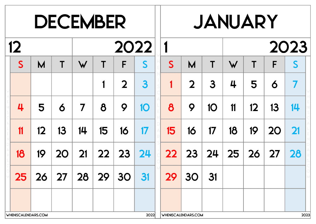 Free December 2022 January 2023 Calendar Printable Two Month on a separate Page