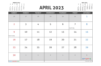 April 2023 Calendar with Holidays Free Printable PDF in Landscape (TMP: 423ha4hl2)