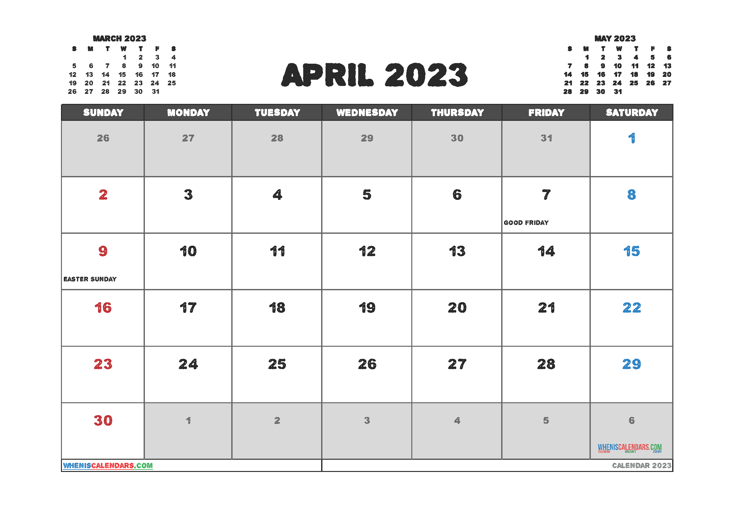 Free April 2023 Calendar with Holidays Printable PDF in Landscape (TMP: 423ha4hl3)