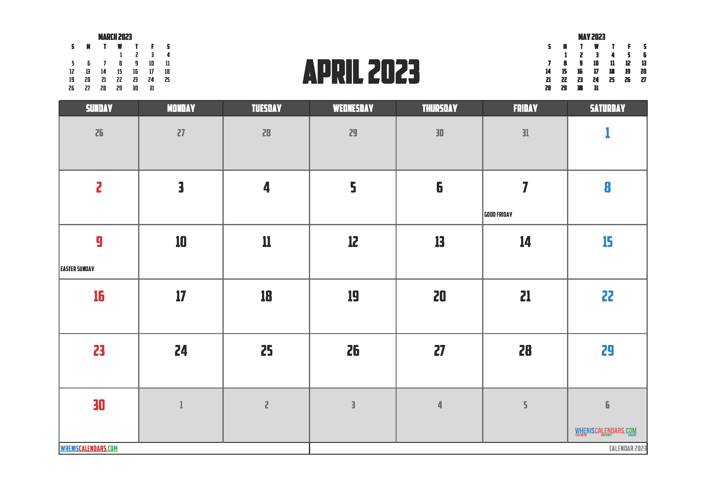Printable April 2023 Calendar with Holidays Free PDF in Landscape
