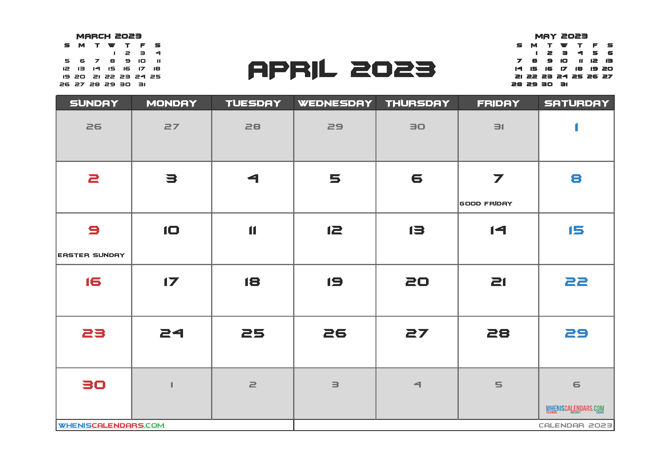 April 2023 Calendar with Holidays Free Printable PDF in Landscape