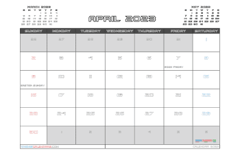 Free April 2023 Calendar with Holidays Printable PDF in Landscape (TMP: 423ha4hl12)