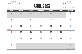 Free Calendar 2023 April with Holidays PDF in Landscape (TMP: 423ha4hl16)