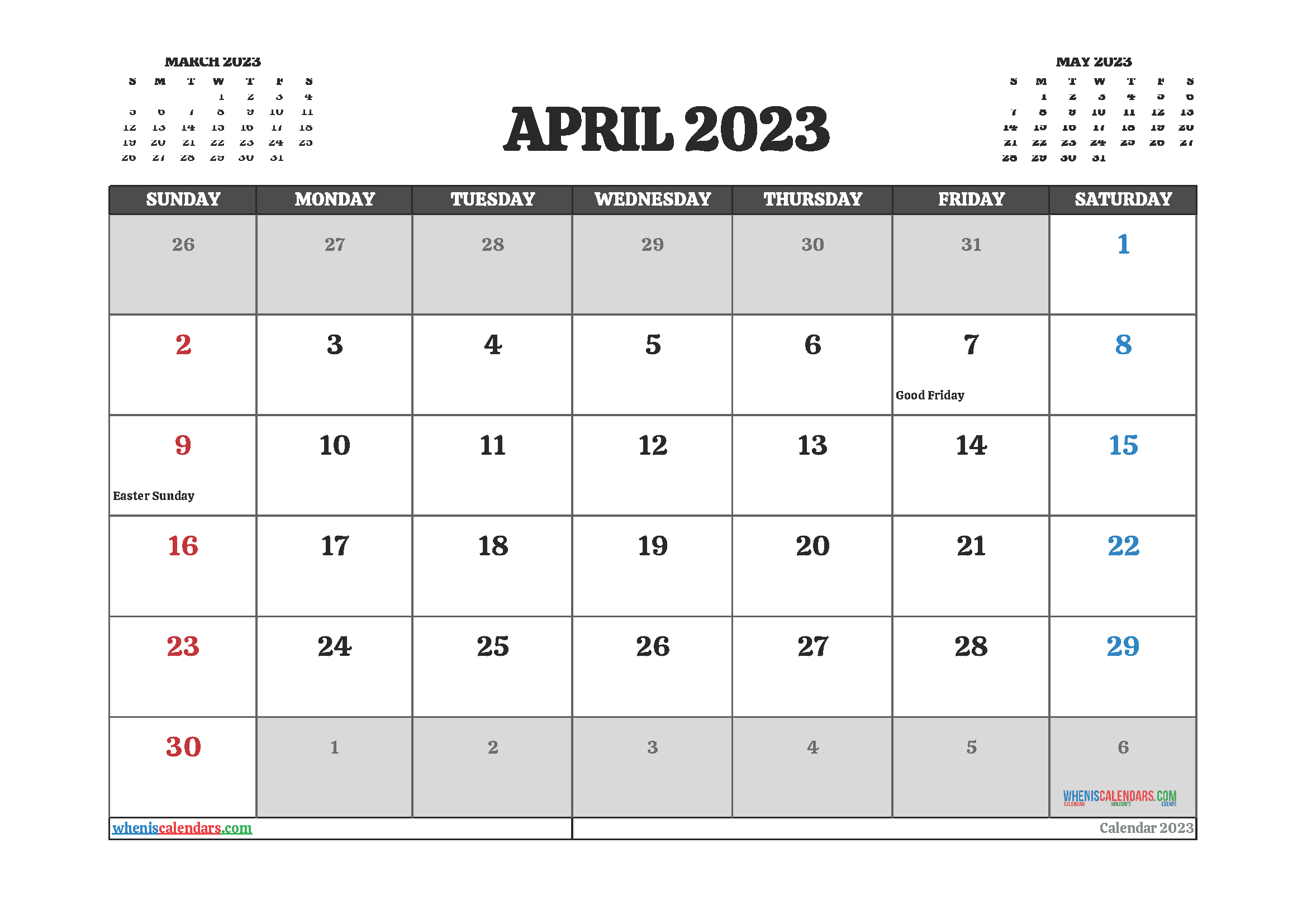 Free Printable April 2023 Calendar with Holidays PDF in Landscape