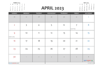 April 2023 Calendar with Holidays Free Printable PDF in Landscape (TMP: 423ha4hl20)