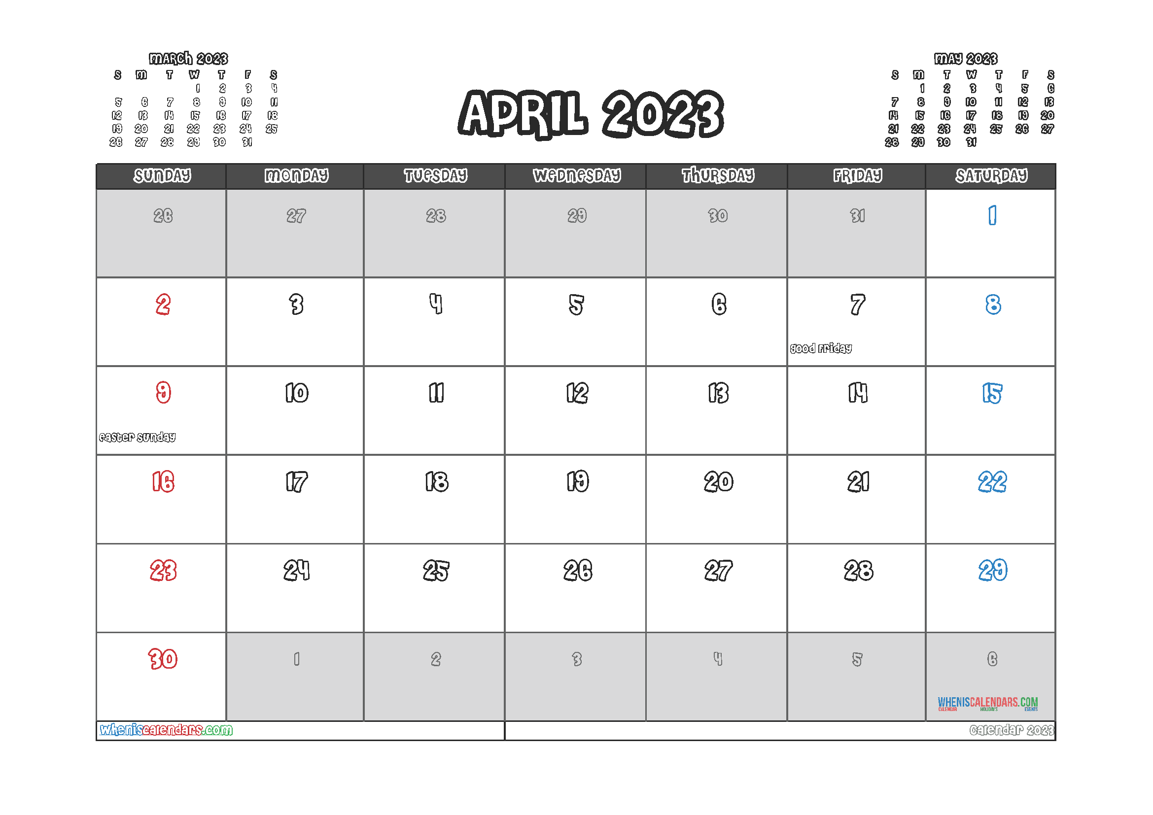 Free Calendar 2023 April with Holidays PDF in Landscape