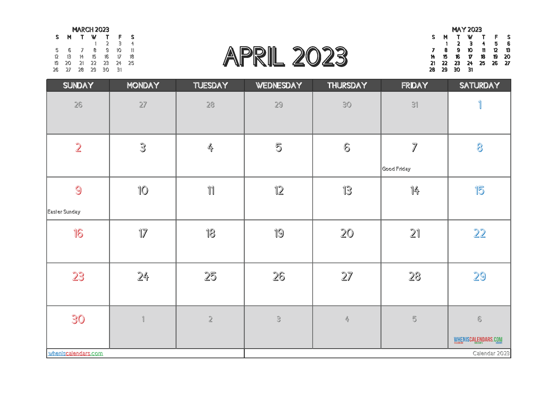 Free Printable Calendar April 2023 with Holidays PDF in Landscape