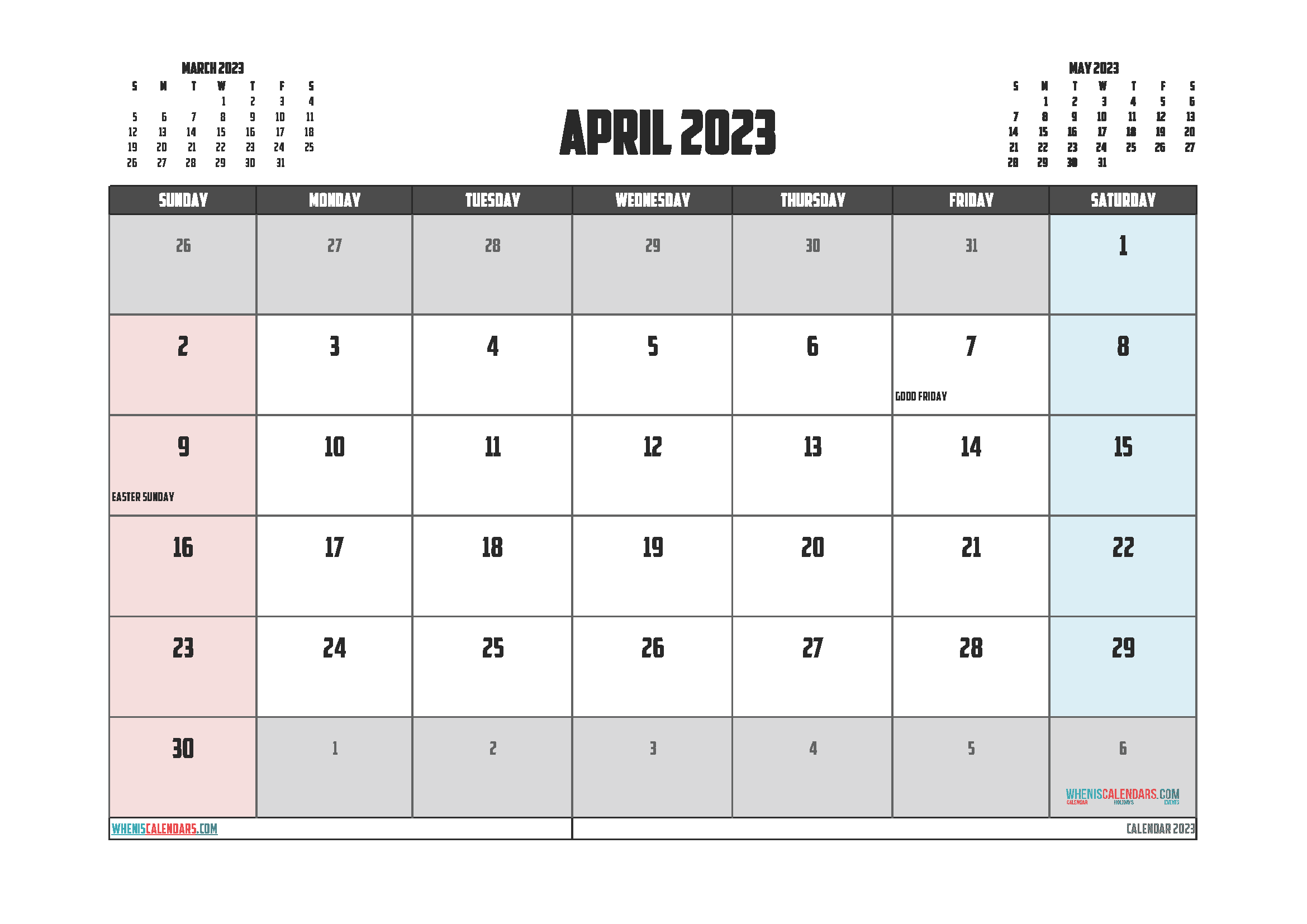 Downloadable April 2023 Calendar with Holidays Printable Free PDF in Landscape