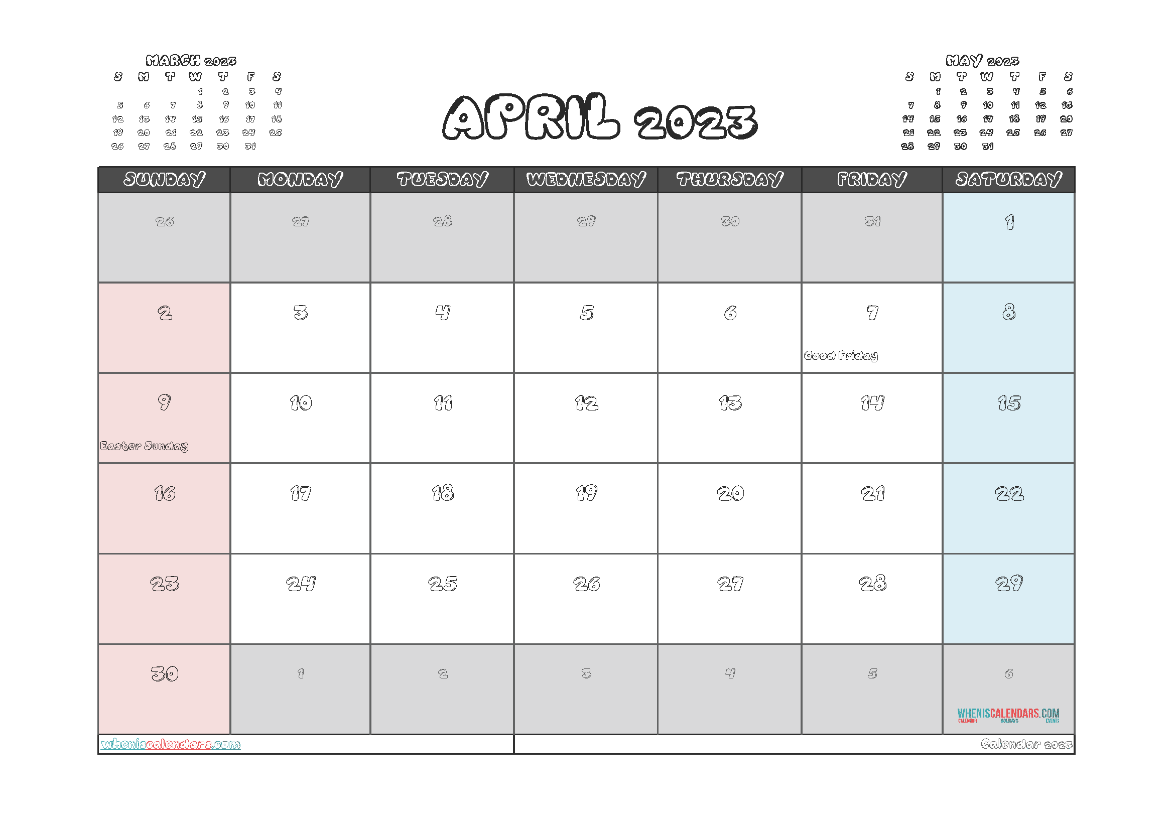 Free Printable Calendar 2023 April with Holidays PDF in Landscape