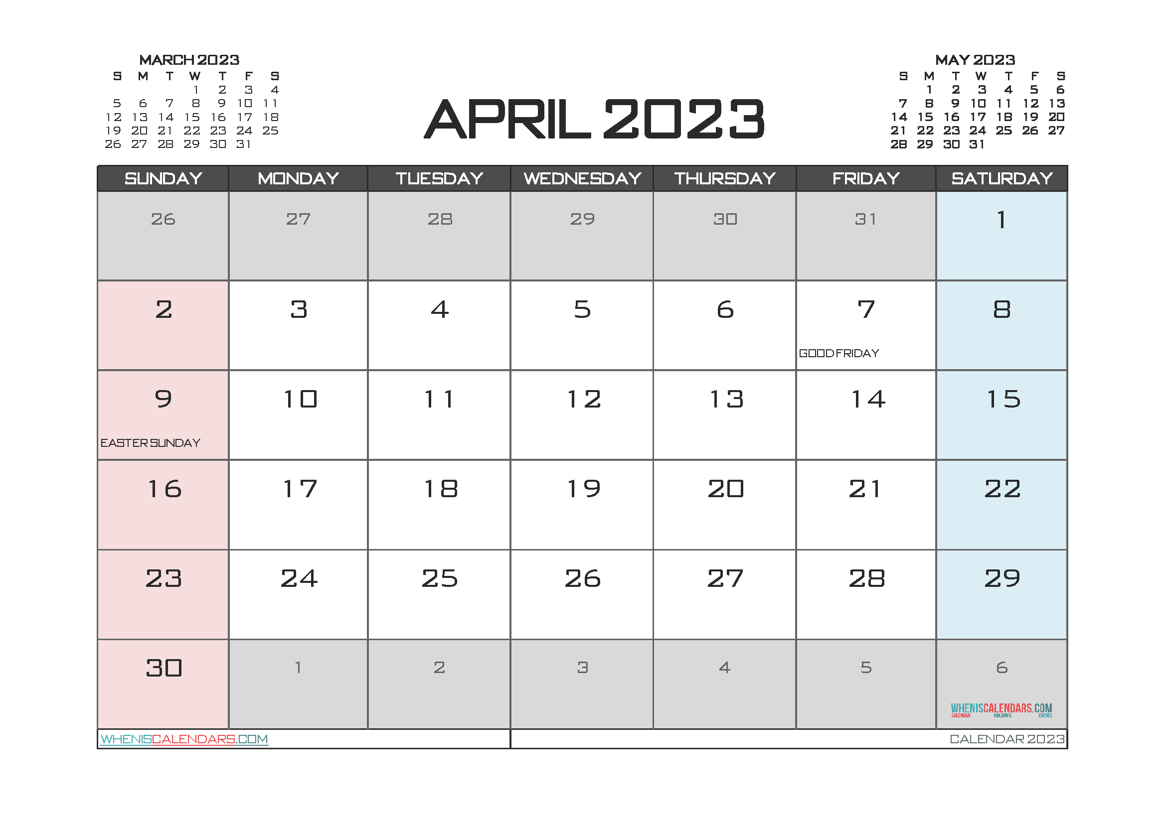 Free Printable April 2023 Calendar with Holidays PDF in Landscape