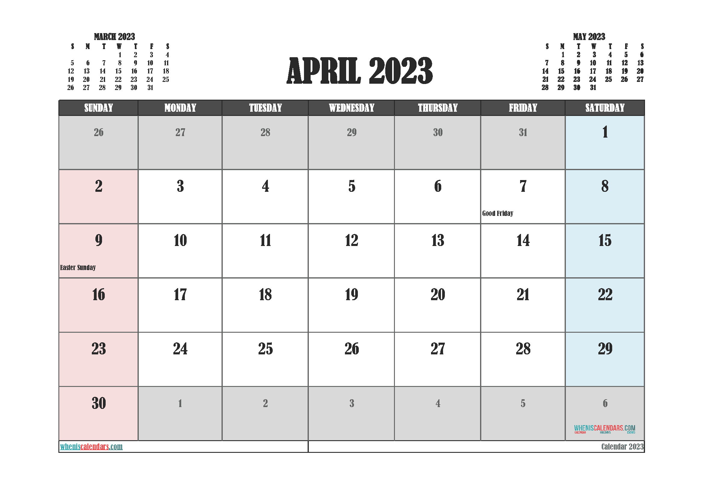 Free Calendar 2023 April with Holidays PDF in Landscape