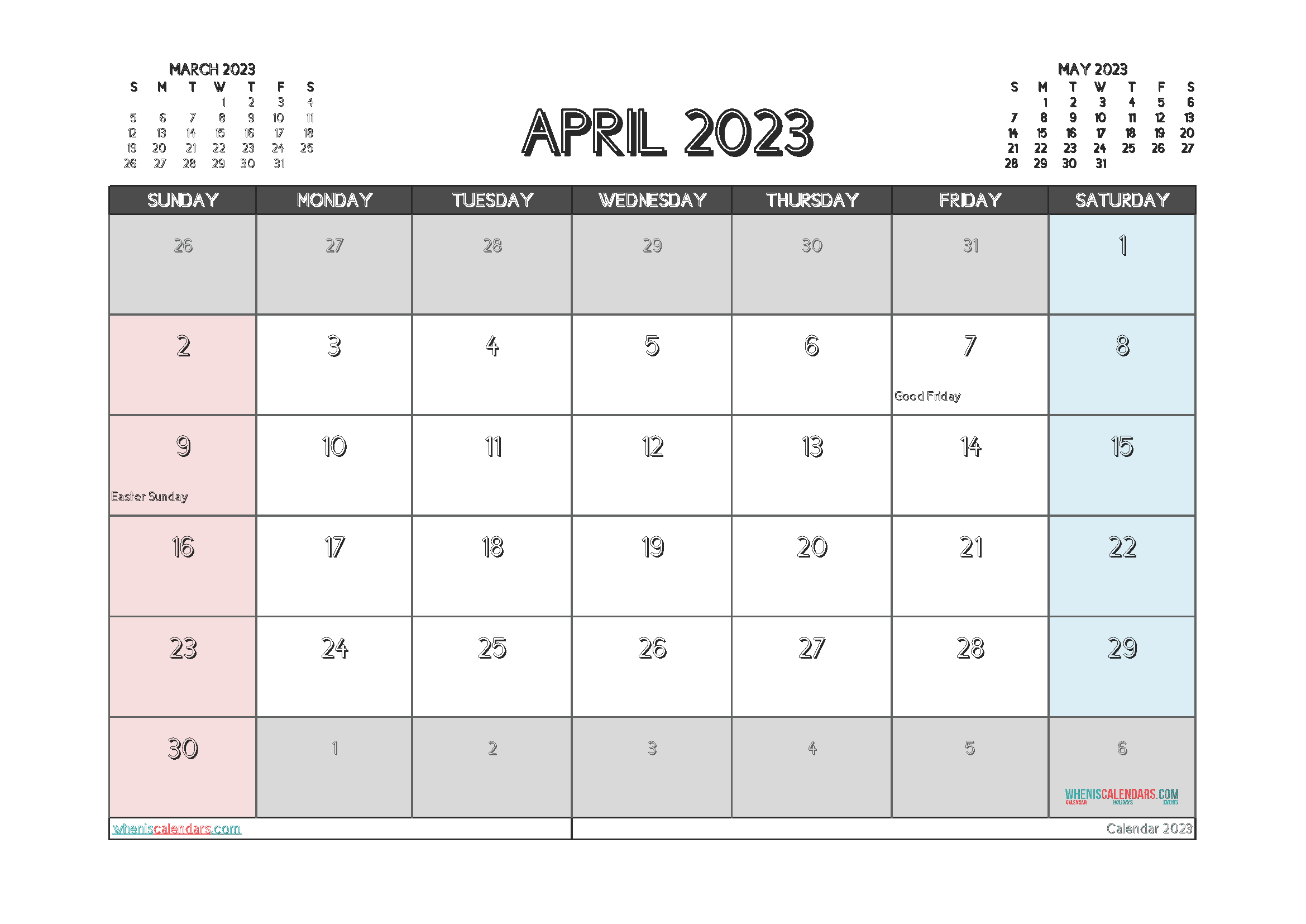 Free Printable Calendar 2023 April with Holidays PDF in Landscape