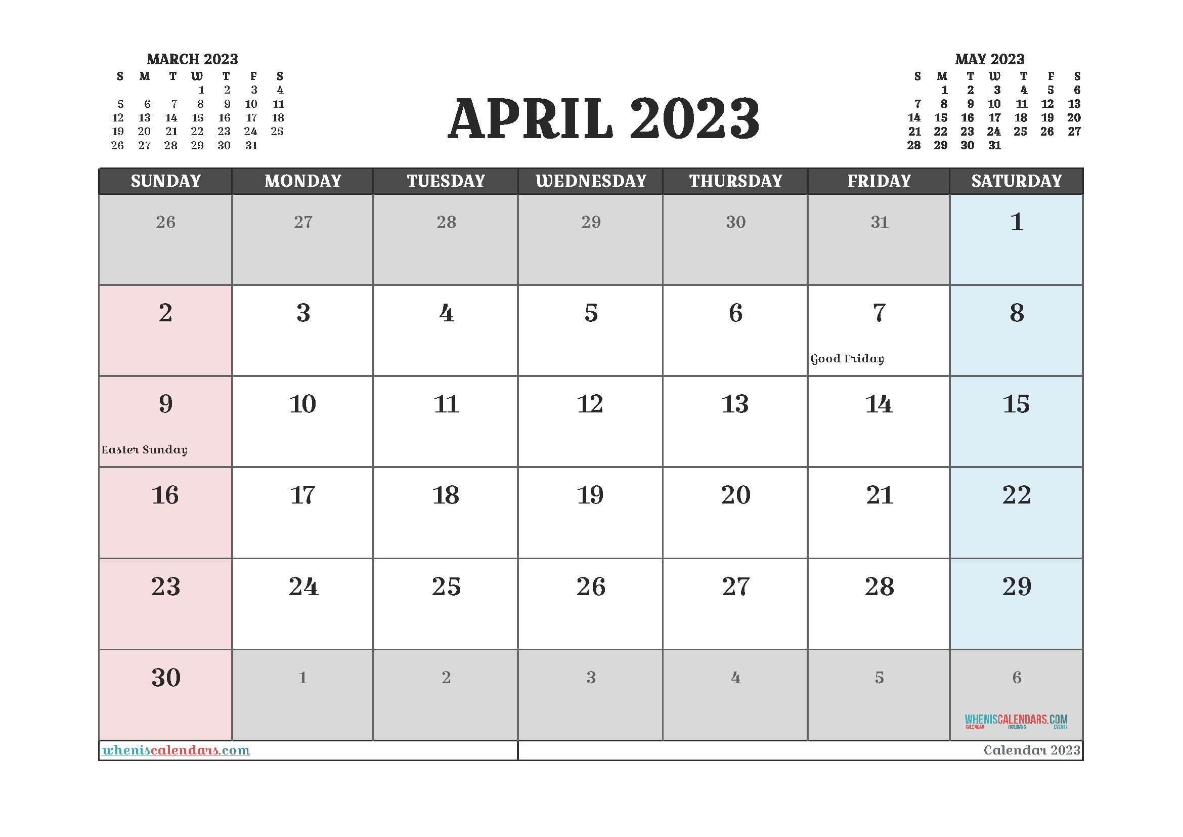 Free Calendar April 2023 with Holidays Printable PDF in Landscape