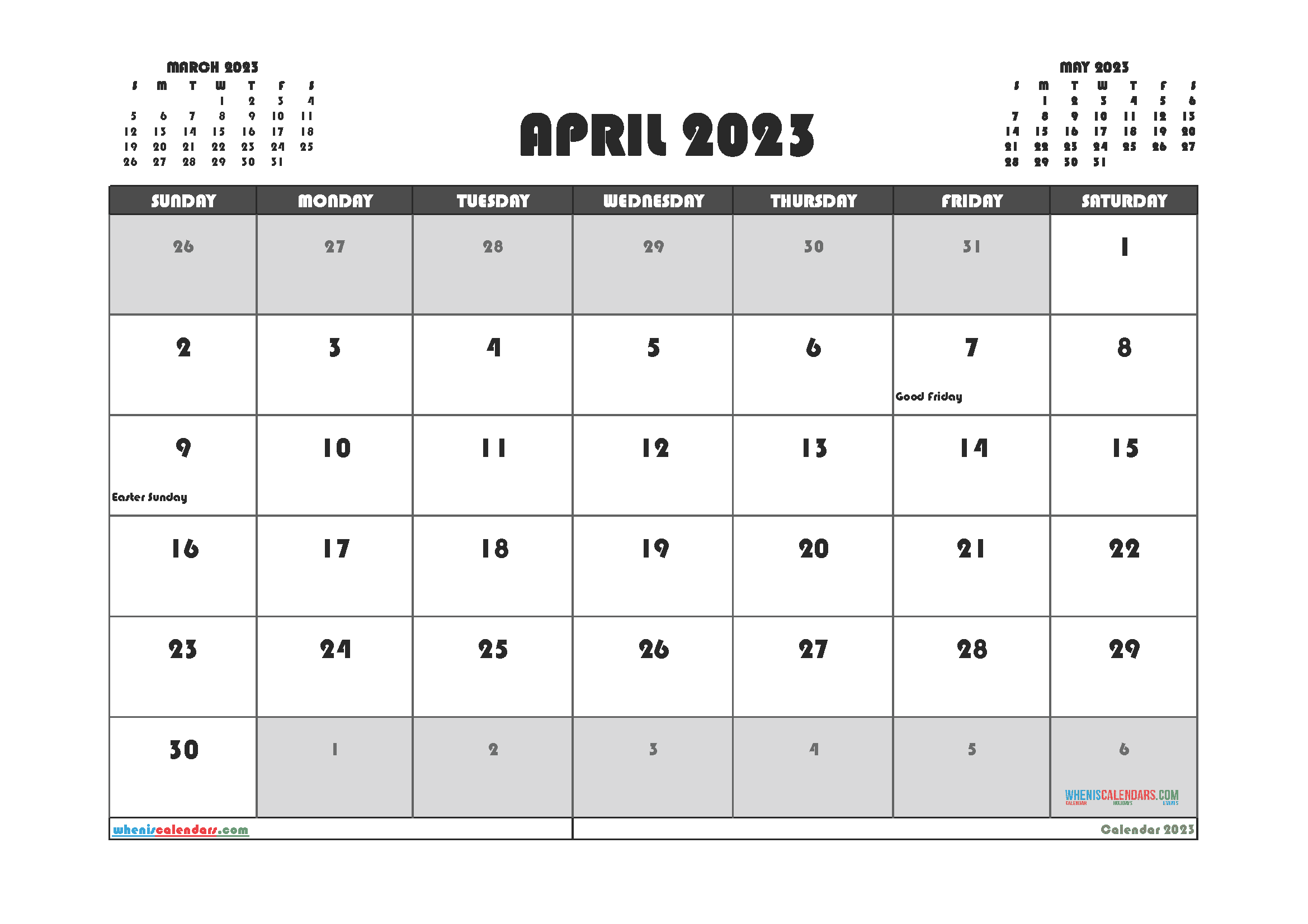 Downloadable April 2023 Calendar with Holidays Printable Free PDF in Landscape