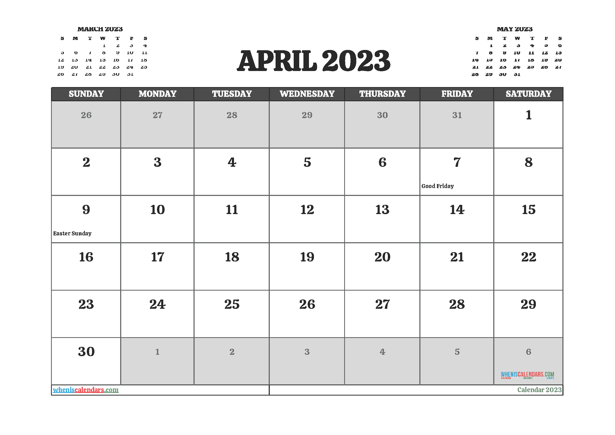 Free April 2023 Calendar with Holidays Printable PDF in Landscape
