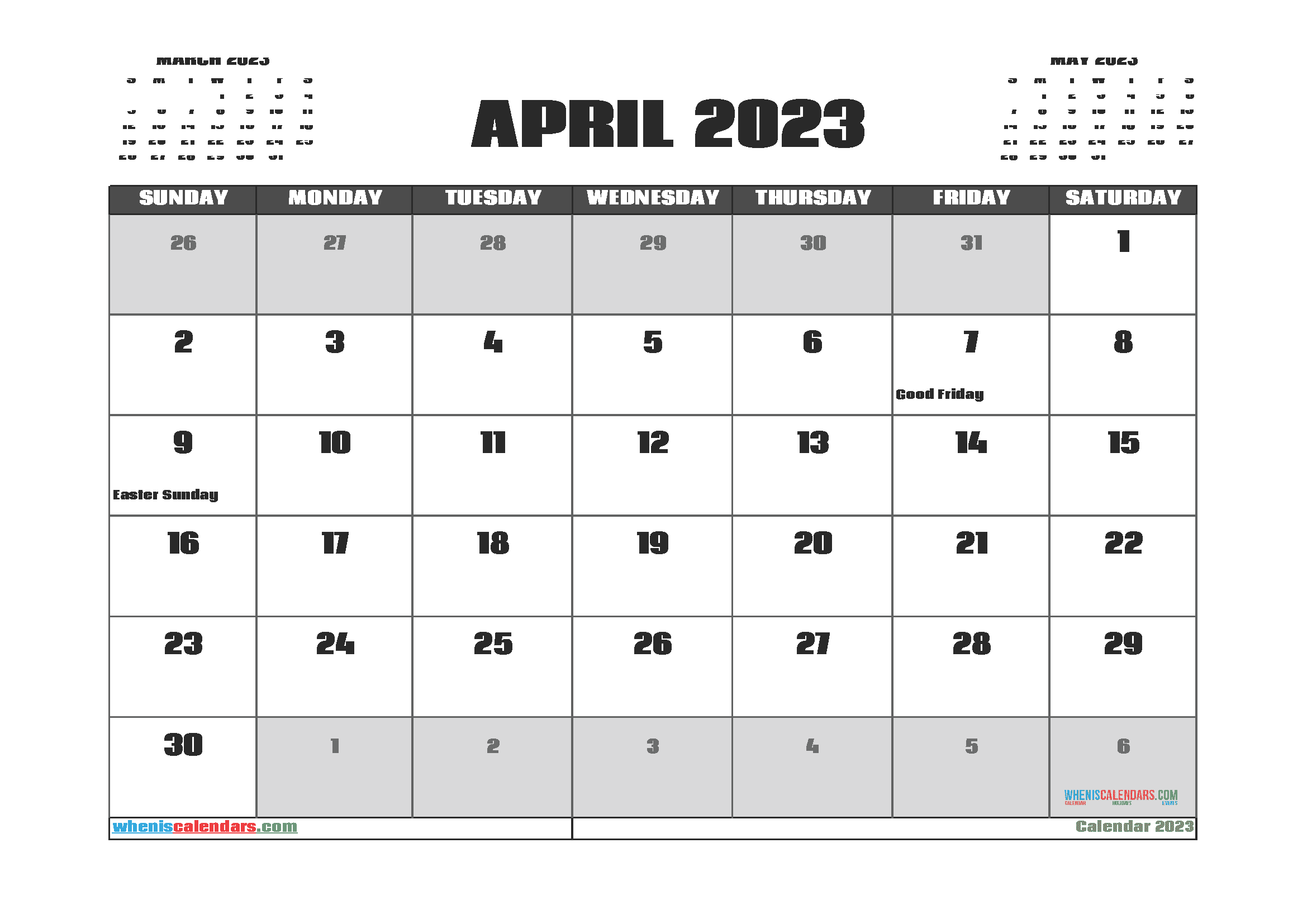 April 2023 Calendar with Holidays Free Printable PDF in Landscape