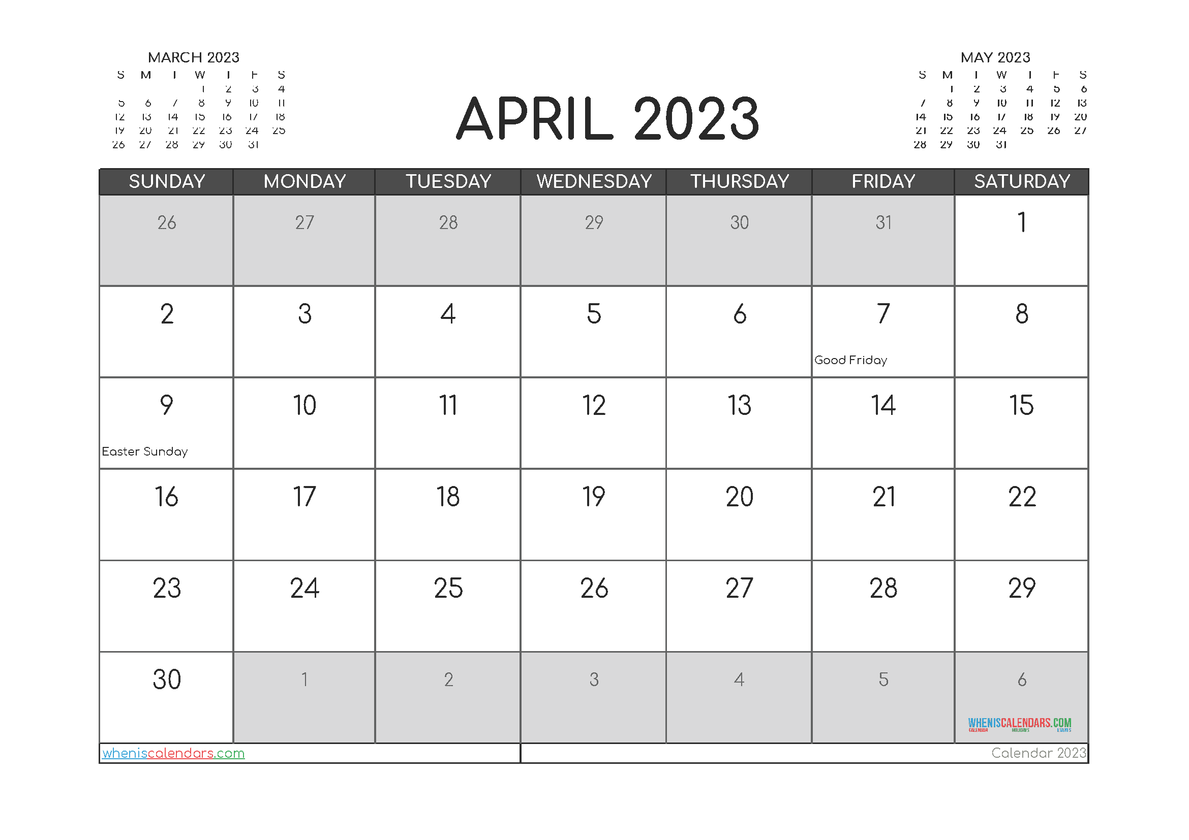 Free April 2023 Calendar with Holidays Printable PDF in Landscape