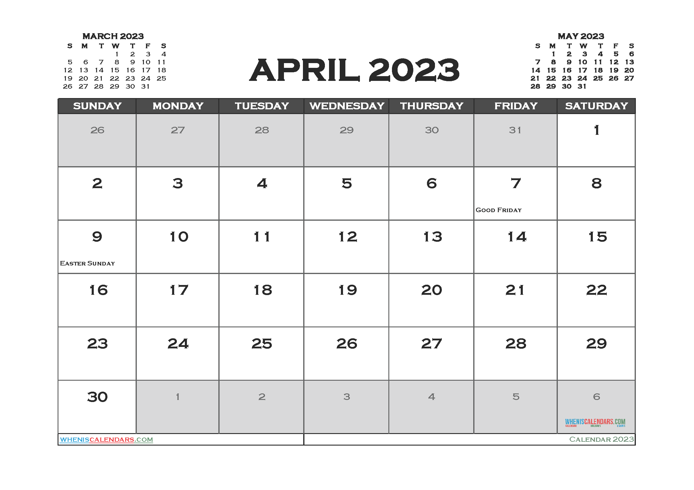 Free Calendar April 2023 with Holidays Printable PDF in Landscape