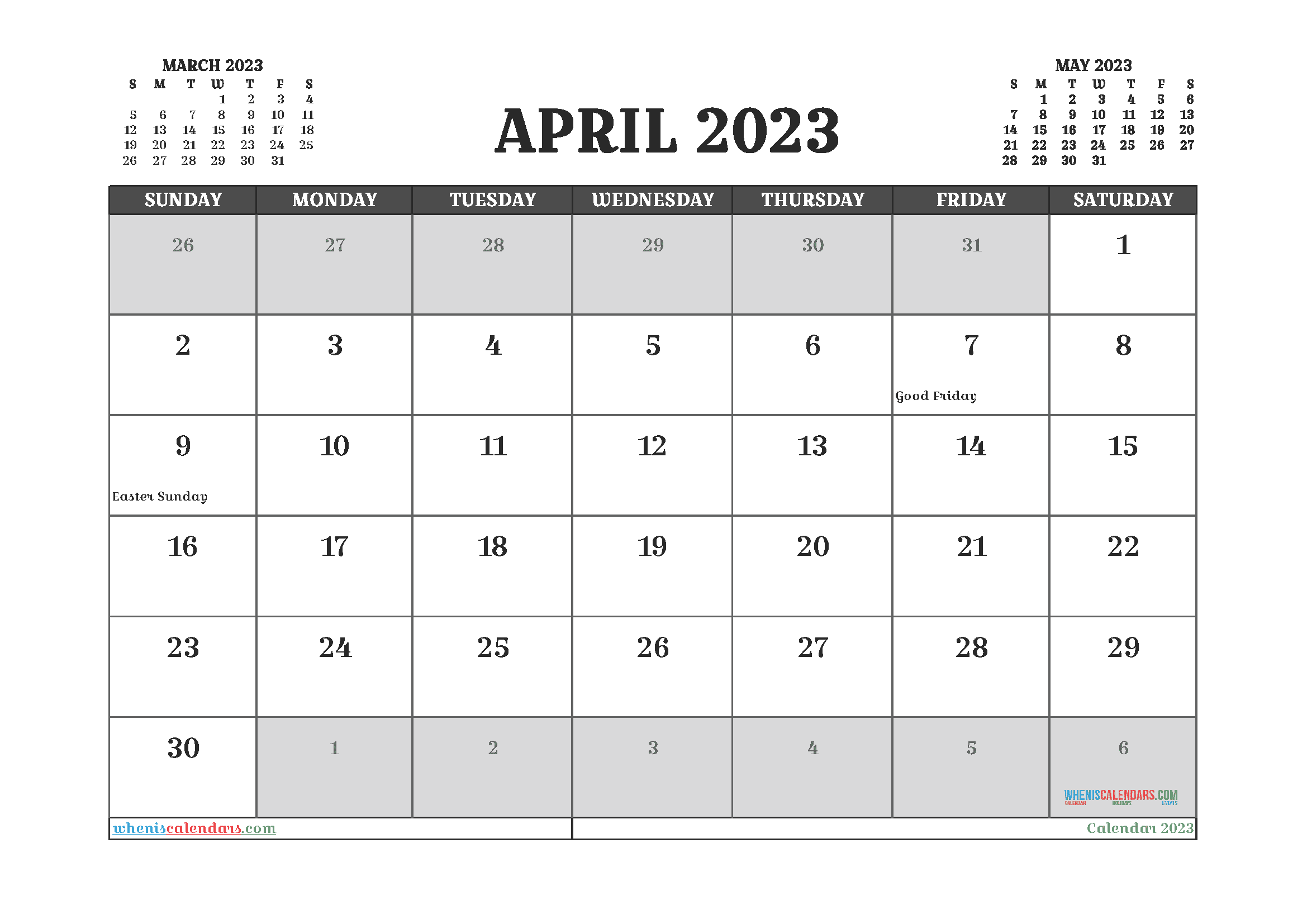 Free Printable Calendar April 2023 with Holidays PDF in Landscape