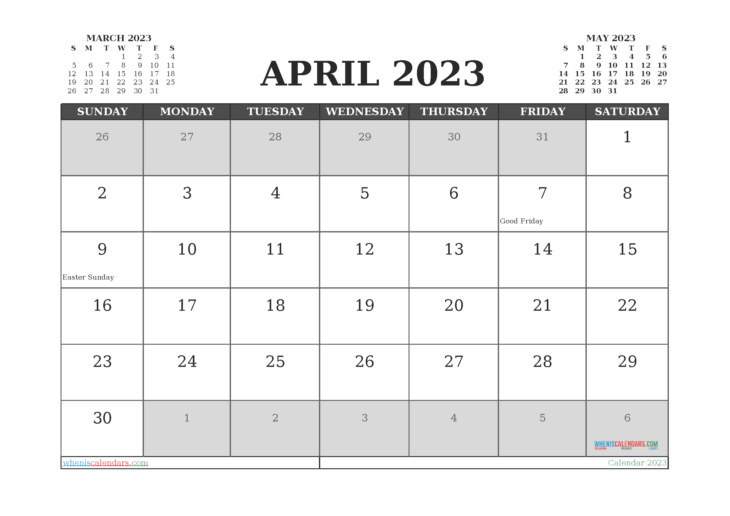 April 2023 Calendar with Holidays Free